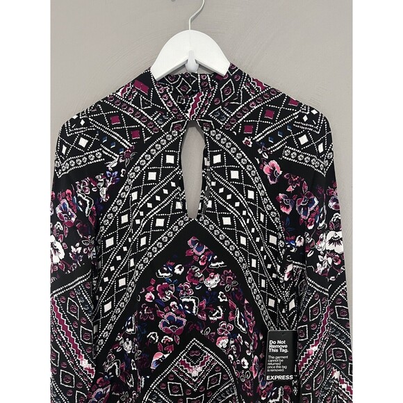 Express Womens Sz S Paisley Long Slv Career Workwear Dress Keyhole Neckline NEW - Picture 2 of 12